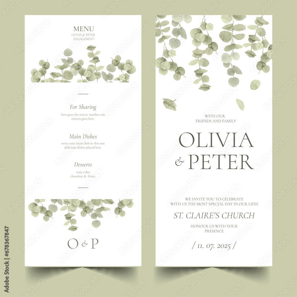 eucalyptus leaf wedding stationery template design vector illustration