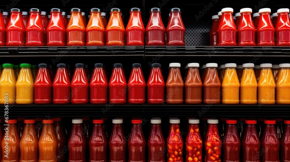 Close-up of a variety of ketchup bottles in a supermarket aisle. A vibrant display of culinary essentials for your food industry projects.