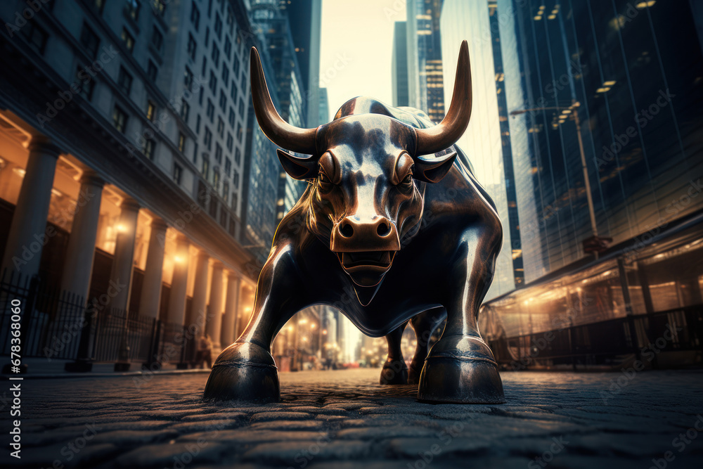 Charging Bull Statue in Wall Street Corridor - obrazy, fototapety, plakaty 