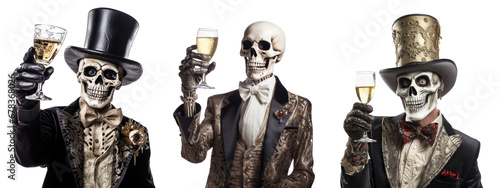 Skeleton with a glass of champagne in his hand celebrating a party, skeleton costume, party hat and bow tie, isolated or white background