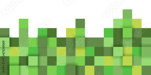 Large multi-layered pixelated green background made of cubes of green. Modern game background. Green squares background for banner
