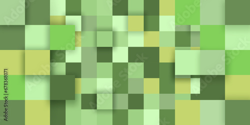 Large multi-layered pixelated green background made of cubes in different shades of green. Modern game background. Green squares background for banner