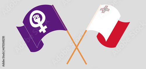 Crossed and waving flags of Feminism and Malta