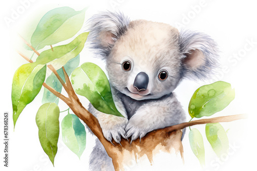 Cute koala sitting on the branch with eucalyptus leaves
