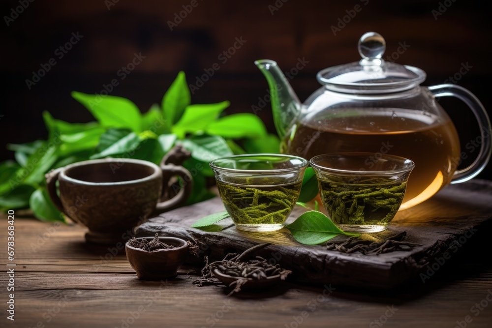 Bamboo mat with teapot and dried leaves on trees background. AI Generated Bamboo mat with teapot and dried leaves on trees background. AI Generated