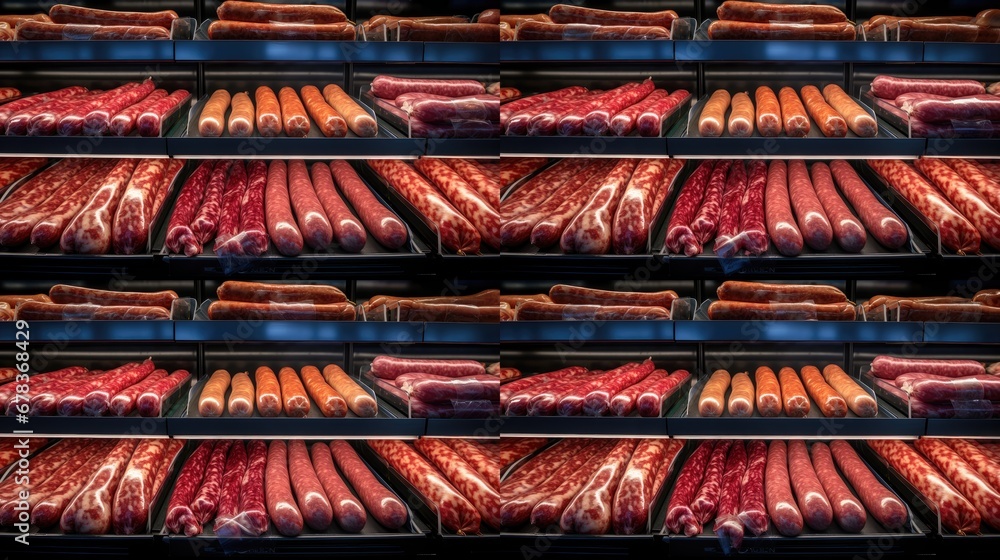 Savory Showcase: Delight in the close-up view of many beautiful sausages on a supermarket refrigerator shelf. Savory Showcase: Delight in the close-up view of many beautiful sausages on a supermarket refrigerator shelf.