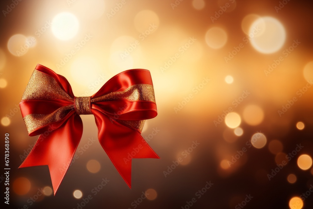 Christmas background, gold red ribbon with a bow on a festive bright blurred background Christmas background, gold red ribbon with a bow on a festive bright blurred background