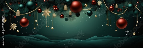 Christmas background with spruce balls and snowflakes and fir branches , winter holidays design in green and red colors, banner