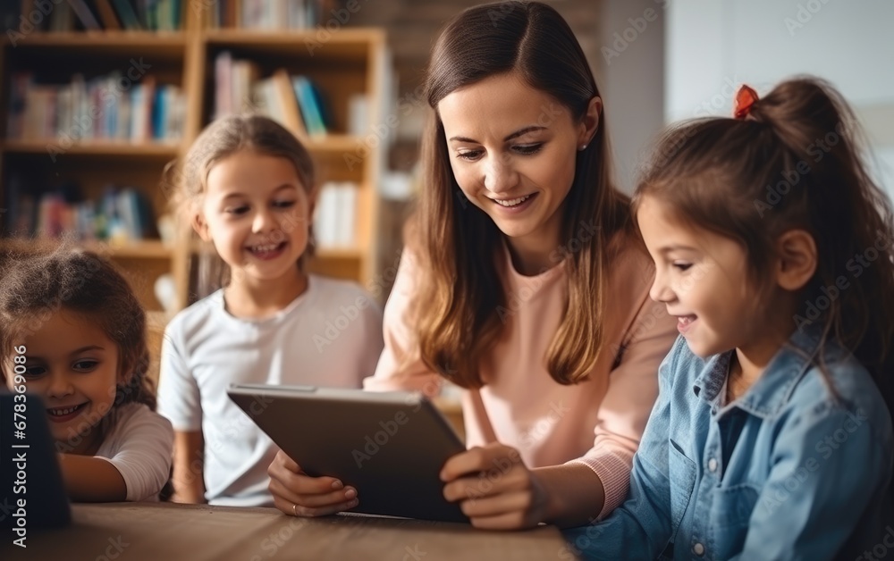 A Teacher Holding a Tablet Computer Explaining Lesson to a Young Children A Teacher Holding a Tablet Computer Explaining Lesson to a Young Children
