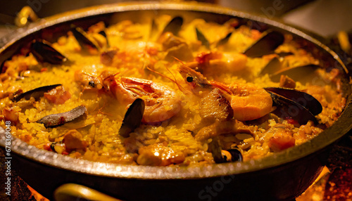 Paella with seafood close up , macro
