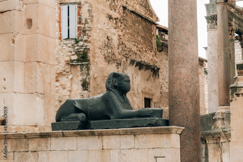 Statue of sphinx at the Peristyle square. Diocletian Palace, ancient palace built for the Roman emperor Diocletian, Split, Croatia