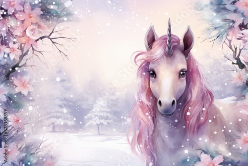 Magical winter forest with Unicorn  snow covered trees  watercolor illustration
