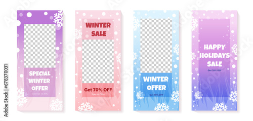 Set of winter gradient snow posters with text for promotion of sale week. Clear blue violet and pink background with snowflakes. Snowy weather atmosphere. Vector illustration for post, banner.