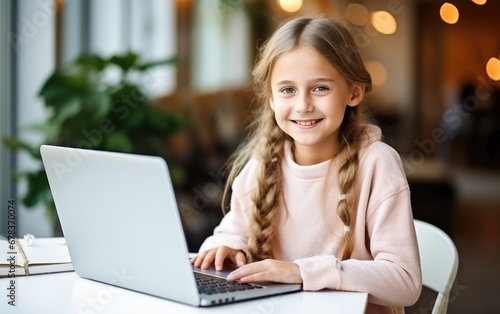 Little girl using laptop at...