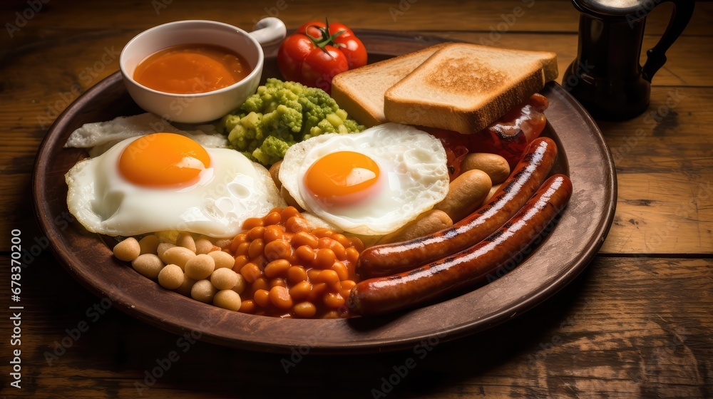 A plate with sausage, beans and eggs, english breakfast A plate with sausage, beans and eggs, english breakfast