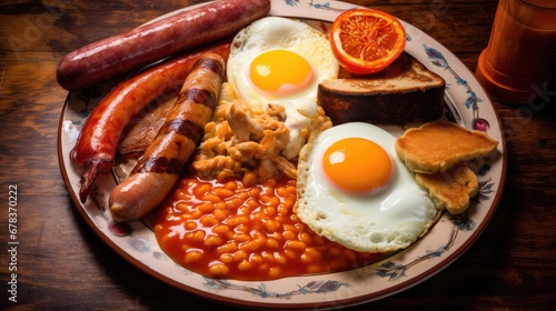 A plate with sausage, beans and eggs, english breakfast