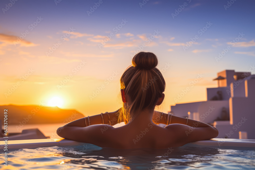 Young woman relaxing in swimming pool at sunset Young woman relaxing in swimming pool at sunset