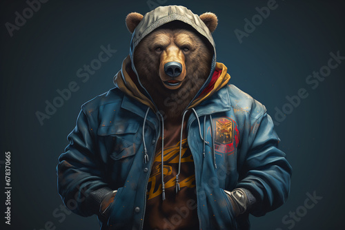 A bear wearing hip-hop style street fashion. Funny cute animal, adult bear, rapper and hustler concept photo