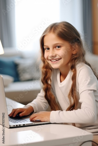 Little girl using laptop at...