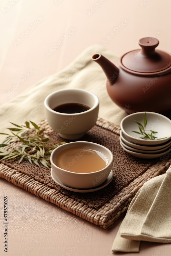 Bamboo mat with teapot and dried leaves on beige background. AI Generated Bamboo mat with teapot and dried leaves on beige background. AI Generated