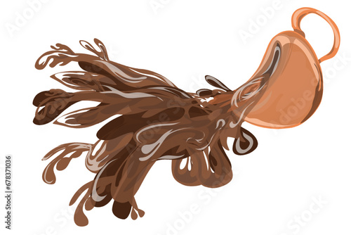 brown cup, filled with spilled hot chocolate drink, no background