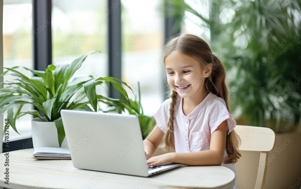 Little girl using laptop attending online tutorial Little girl using laptop attending online tutorial