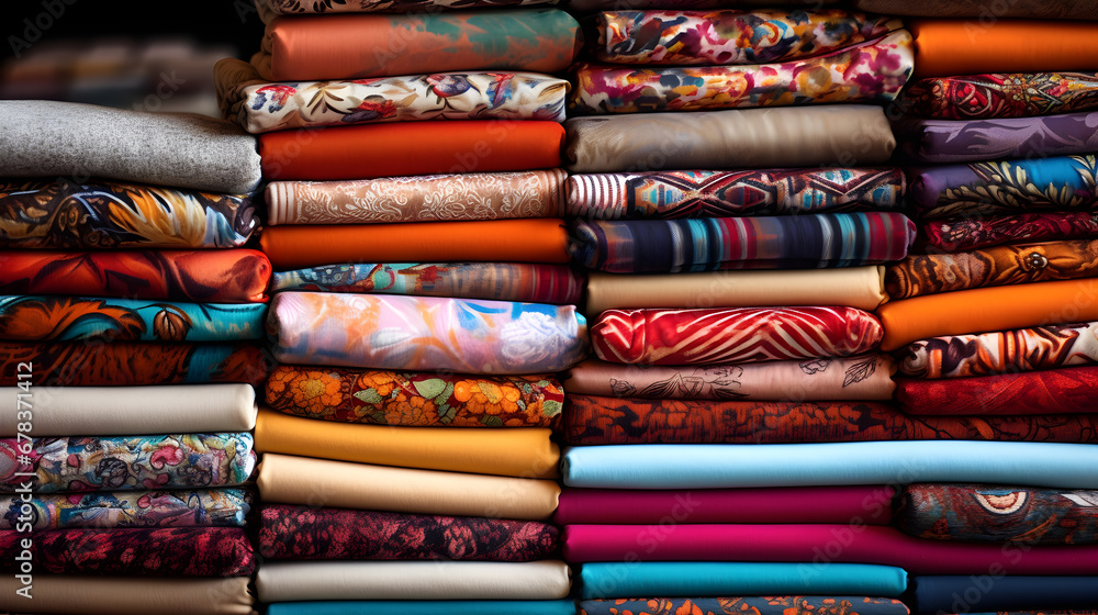 Piles of Folded Fabric in Bright Colors and Lively Prints Piles of Folded Fabric in Bright Colors and Lively Prints