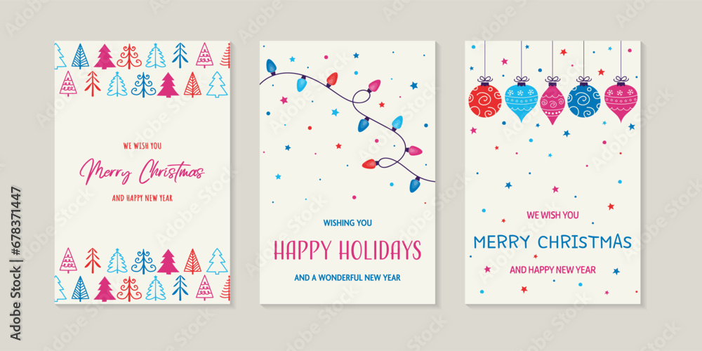 Christmas greeting cards. Collection of a hand drawn cards. Vector illustration