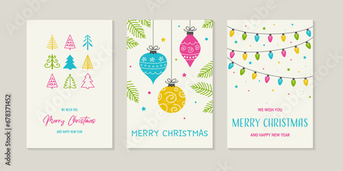 Hand drawn Christmas greeting card set with decorations. Vector illustration