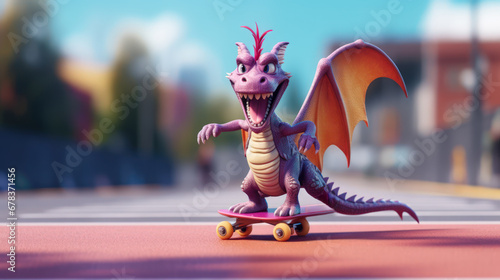 Smiling lilac 3d dragon on a skateboard on a city street background. Symbol of 2024.