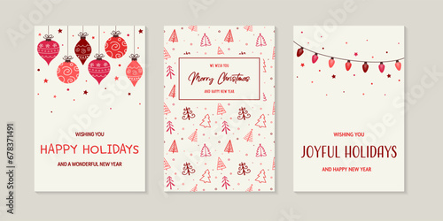 Collection of colourful Christmas greeting cards with tree, bauble and lights. Vector illustration