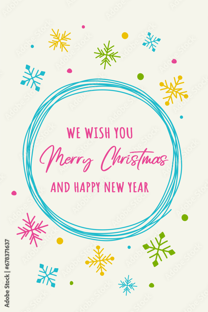 Fototapeta premium Hand drawn Christmas snowflakes. Colourful greeting card. Vector illustration