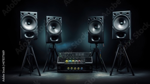 High-end professional audio speakers on sleek tripods, delivering powerful sound in a studio setting against photo