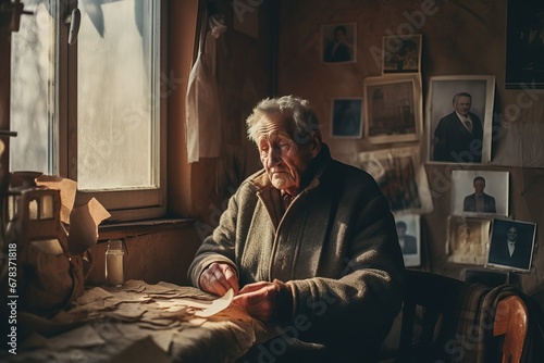 Elderly man sitting by the window in an old apartment, old photo in hand, loneliness photo