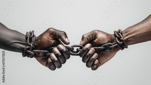 "A powerful visual metaphor of struggle and solidarity: two hands bound by chains, yet embracing strength and unity against a stark white backdrop." © pvl0707