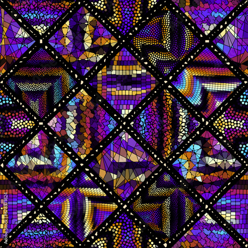 Vector seamless mosaic art pattern. Deep purple mosaic Art background.