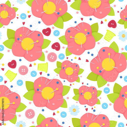 Seamless pattern of needle cushions and sewing buttons