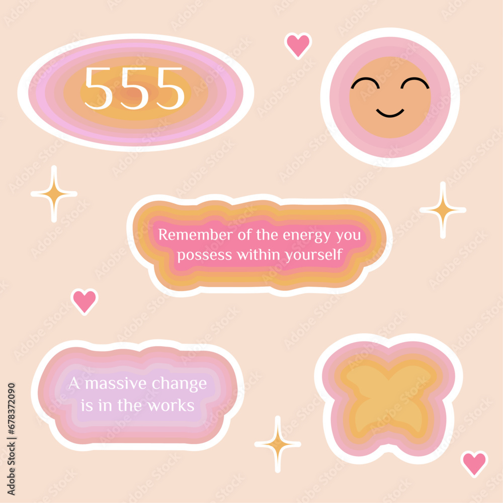 Numerology angel numbers 555 stickers. Set of illustrations for vision board of smile face, motivational quotes and butterfly