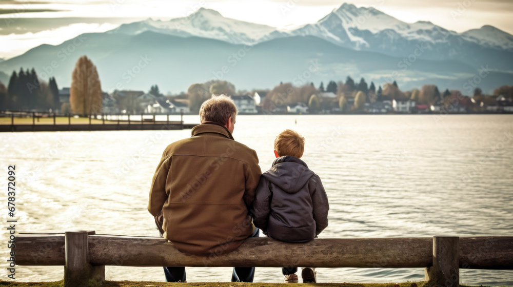 Grandfather and Grandson Enjoying Lakeside View Grandfather and Grandson Enjoying Lakeside View