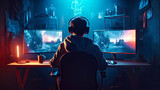 Young gamer sitting at desk playing video game in his room. Postproducted generative AI illustration.
