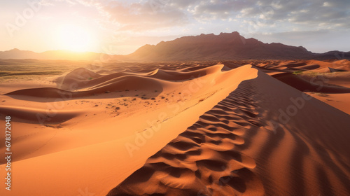 Desert Dunes at Sunrise with Mountain Range