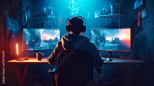 Young gamer sitting at desk playing video game in his room. Postproducted generative AI illustration. photo