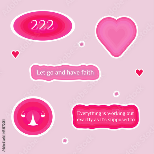 Numerology angel numbers 222 stickers. Set of illustrations for vision board of sunset, flower, plant and motivational quote