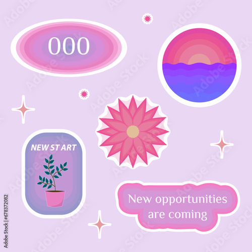 Numerology angel numbers 000 stickers. Set of illustrations for vision board of sunset, flower, plant and motivational quote
