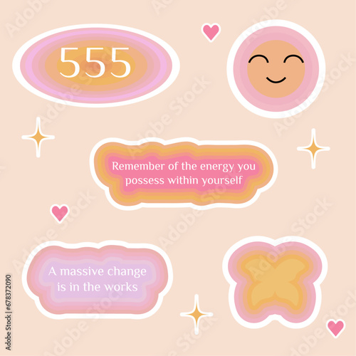 Numerology angel numbers 555 stickers. Set of illustrations for vision board of smile face, motivational quotes and butterfly