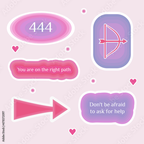 Numerology angel numbers 444 stickers. Set of illustrations for vision board of sunset, flower, plant and motivational quote