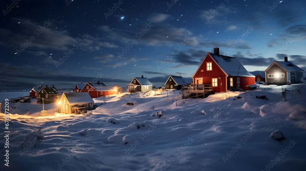 Warmly Lit Homes in a Snowy Landscape at Night