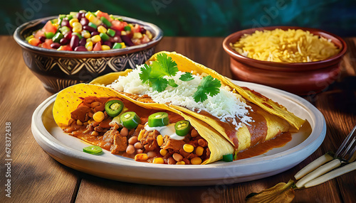 Enchiladas verdes with a side of rice and beans. Mexican Food. photo