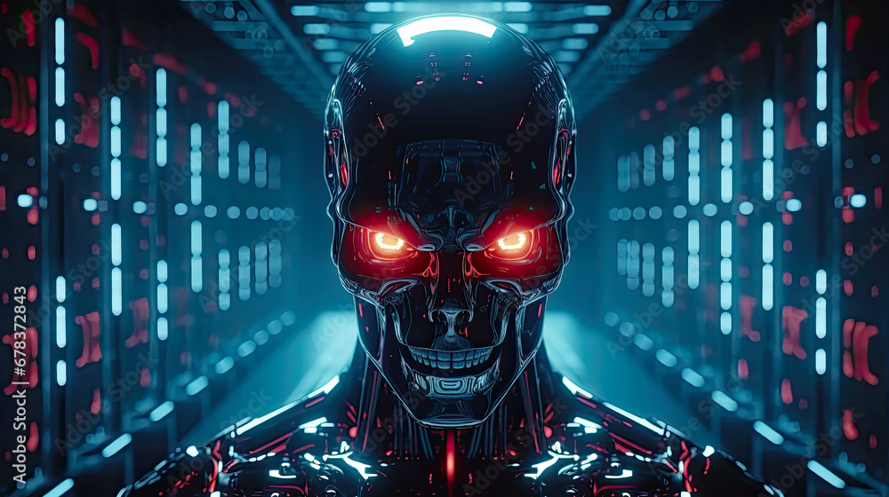 Evil robot with red glowing eyes is inside of data center. Postproducted generative AI illustration. - obrazy, fototapety, plakaty 