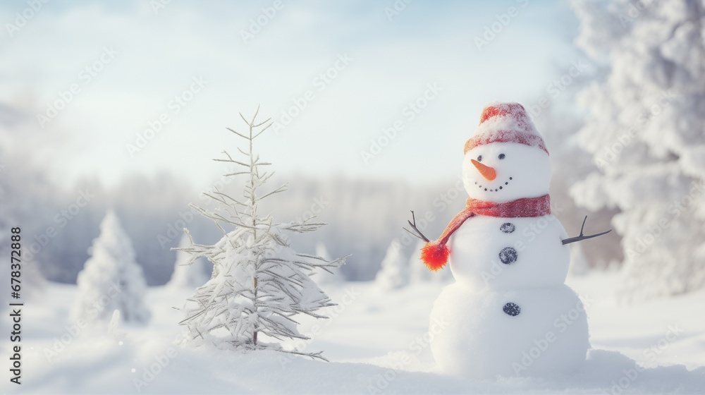 Fototapeta premium The Christmas snowman is in the middle of a snowy sunny forest. Christmas concept